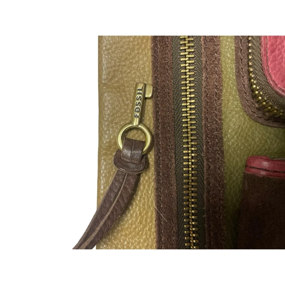 Fossil Vintage Colorblock Leather Crossbody Bag Multi Pocket Olive Green Y2K